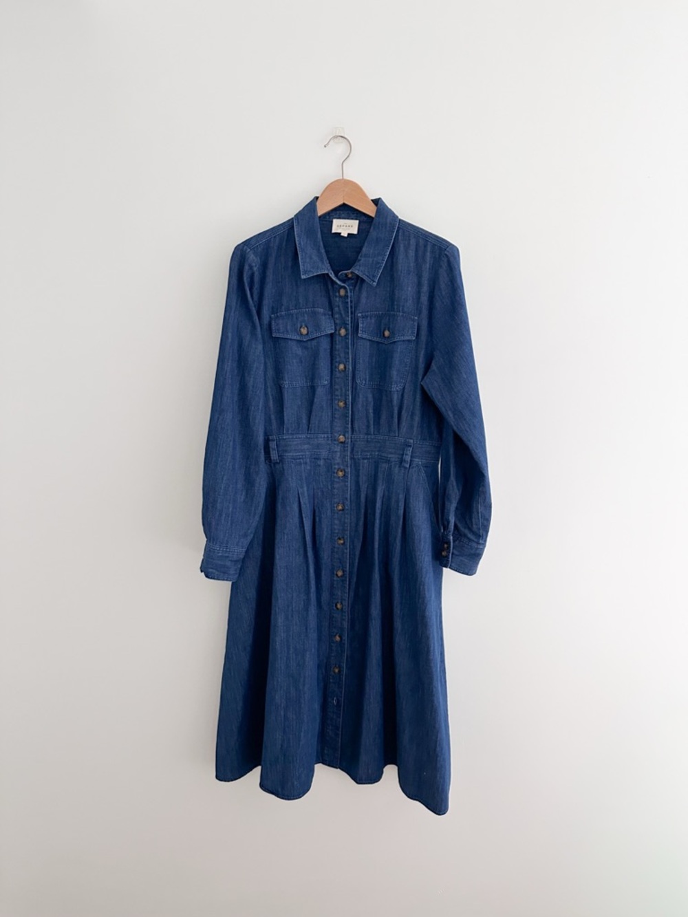 Sezane Gwen Denim Dress Organic Cotton Button Front Midi French Girl Classic 12 - Picture 2 of 11